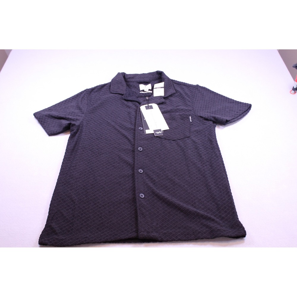 Scott James Men's Black Textured Knit Camp Collar Button Down Shirt Medium